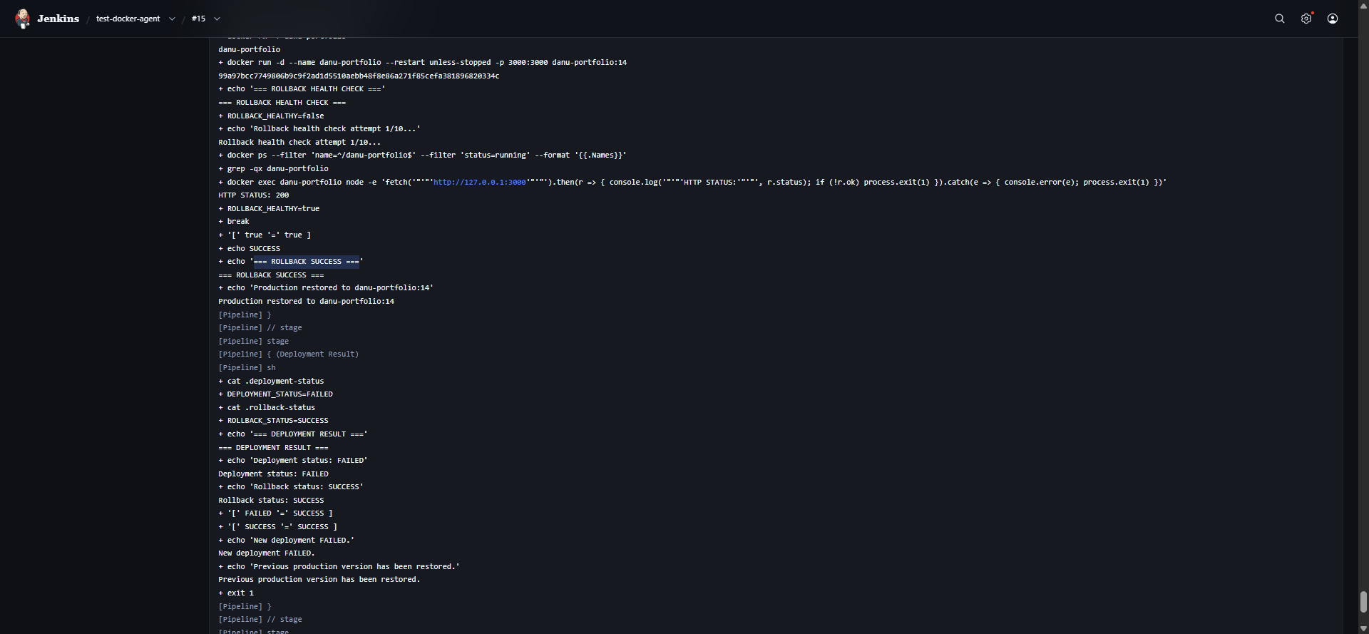 Jenkins console showing automatic rollback to a healthy Docker image