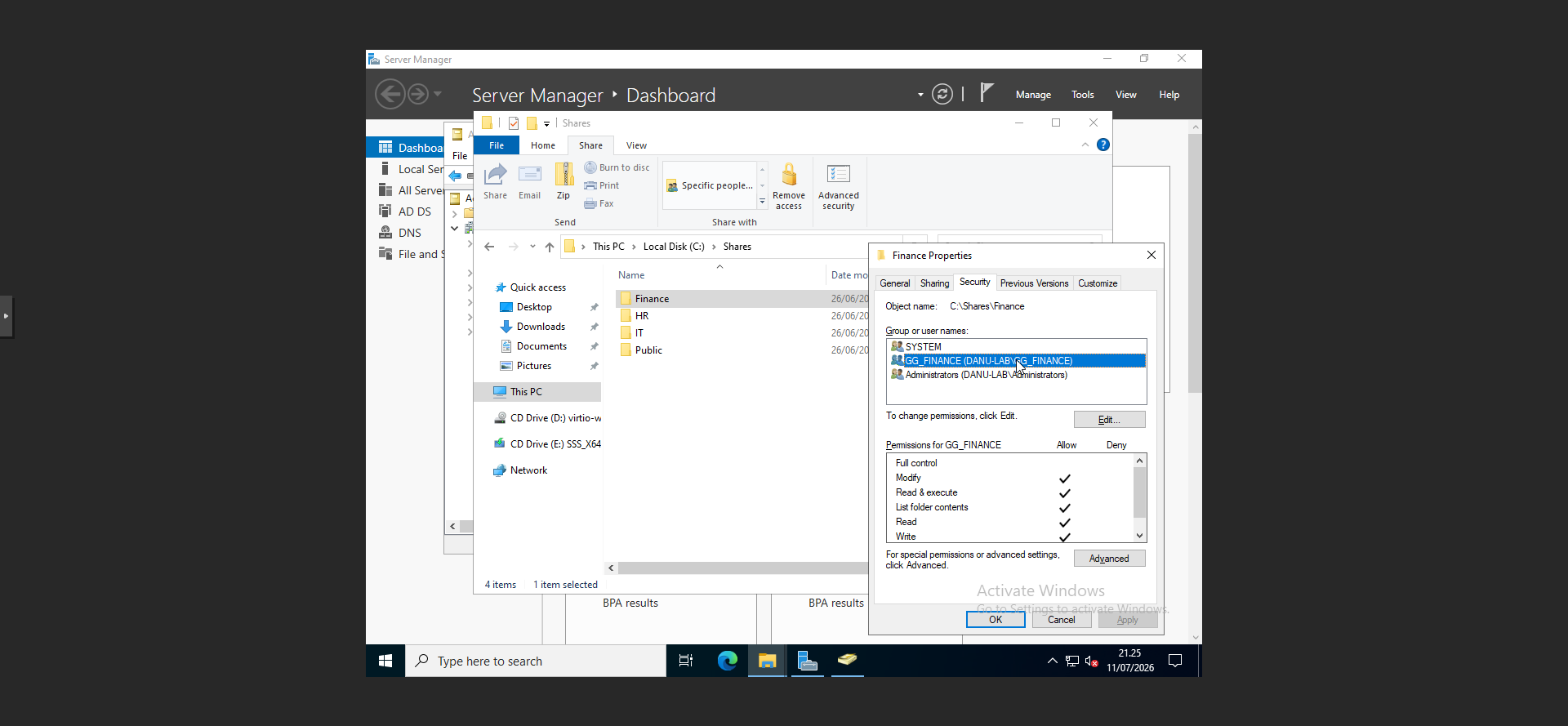 Windows file server configuration showing departmental share permissions