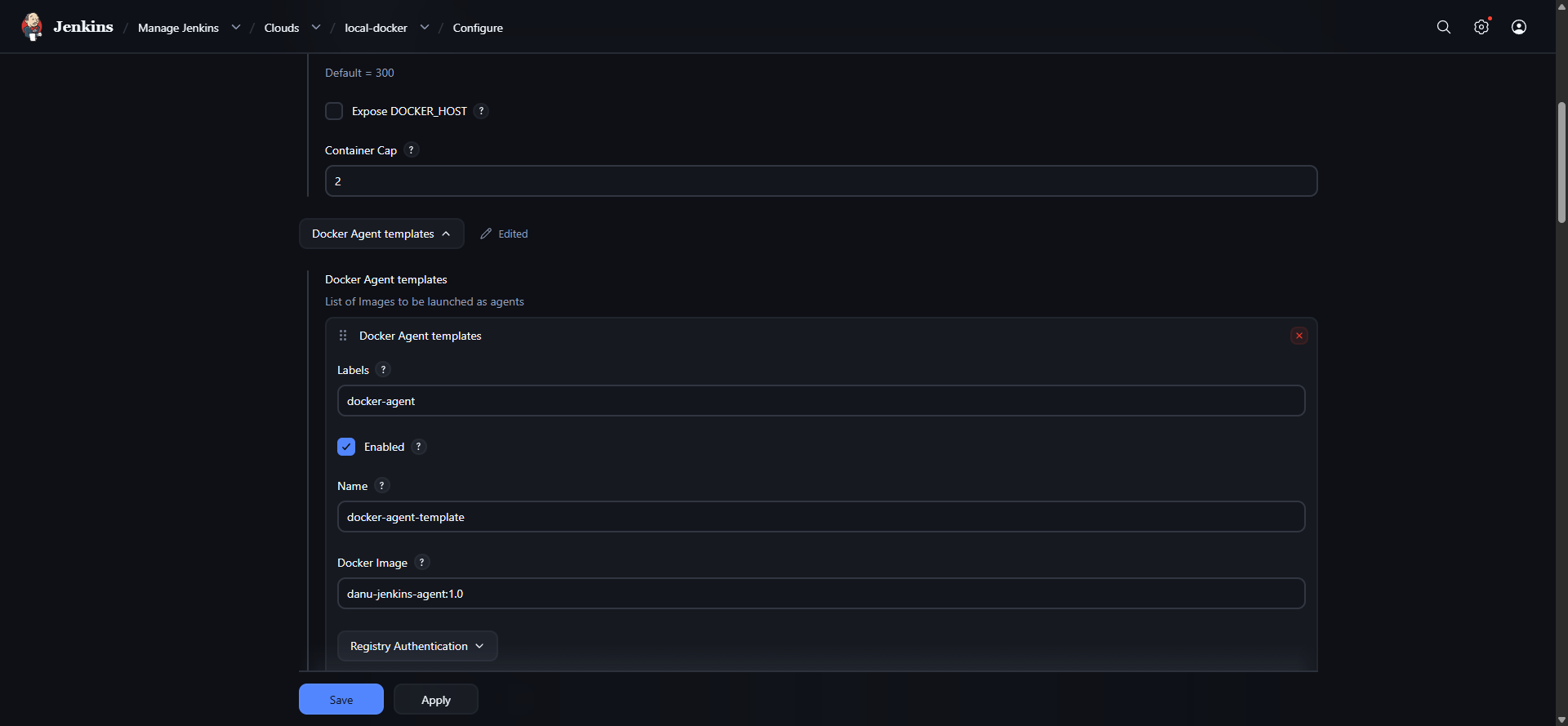 Jenkins Docker cloud configuration for a disposable pipeline agent