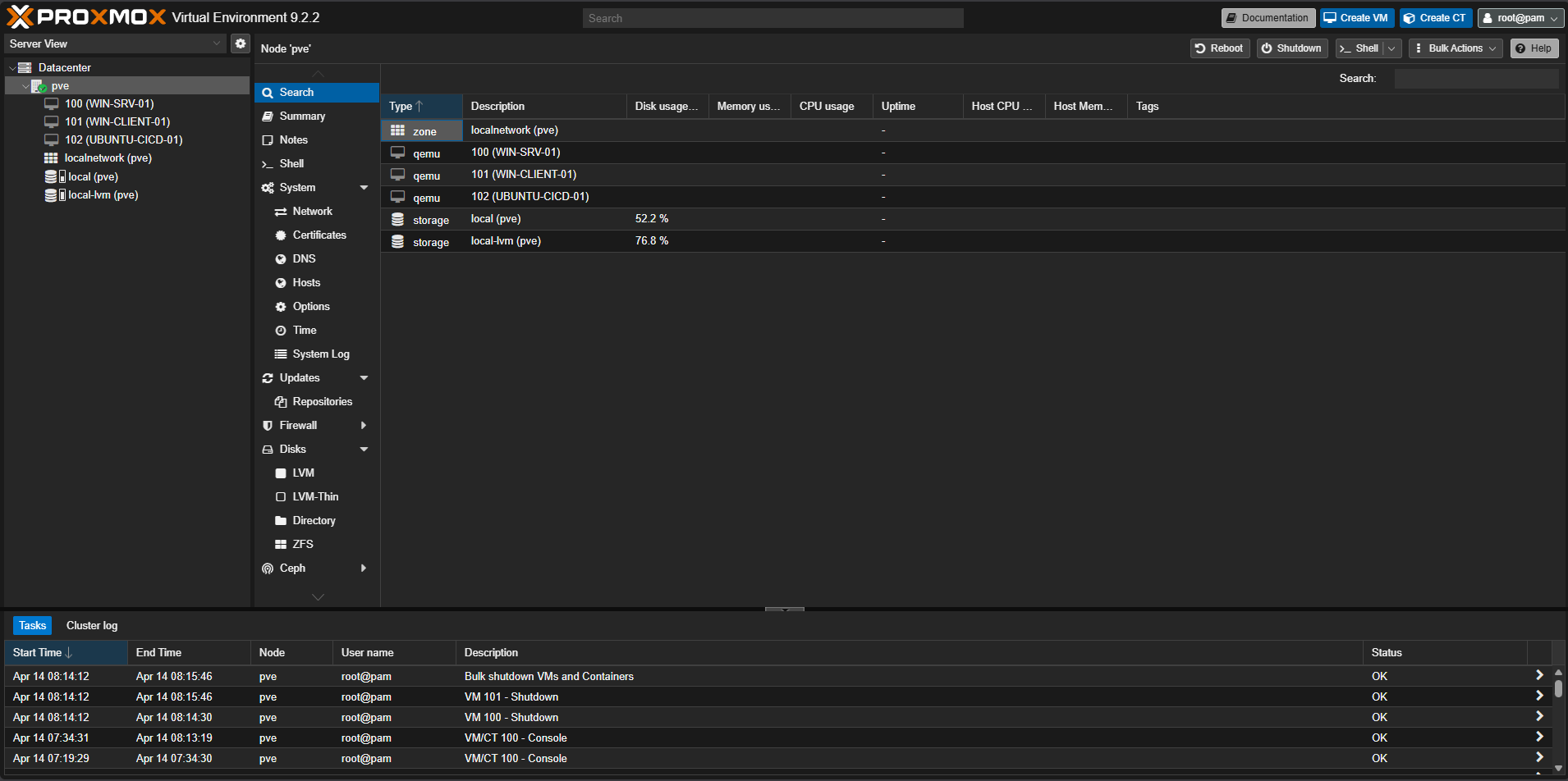 Proxmox dashboard showing the home lab virtual machines