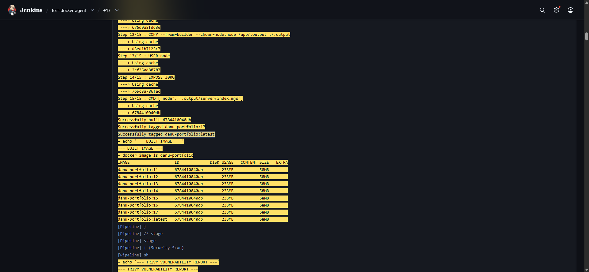 Jenkins console showing Trivy vulnerability scan results